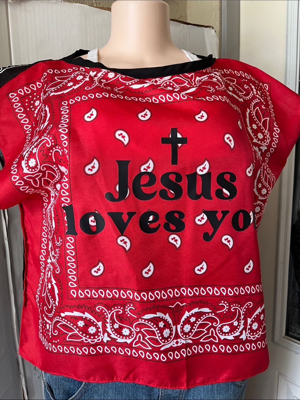 Red Bandana-Print Top - "Jesus Loves You" ladies top with black on one side